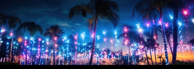 colorful lights in grass with palms next to blue sky,