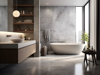 A modern luxurious minimalist bathroom design, interior design, concept photo, design example