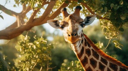 Obraz premium cute giraffe eats leaves from tree on Africa