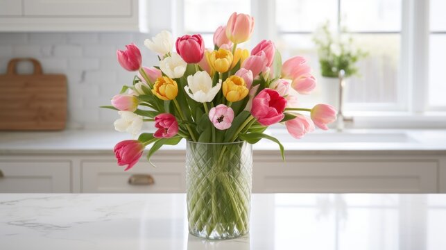  a vase filled with lots of colorful tulips on top of a white counter top next to a counter top with a bag on the side of the counter.