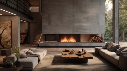 The interior of a villa, with a textured cement wall creating a rustic ambiance, a grand fireplace, and a sleek, wall-mounted television, all in perfect harmony