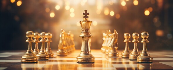 golden chess pieces on a table - obrazy, fototapety, plakaty