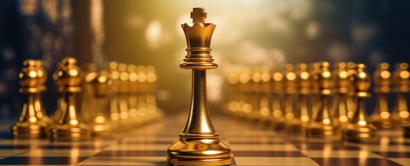 golden chess pieces on a table - obrazy, fototapety, plakaty
