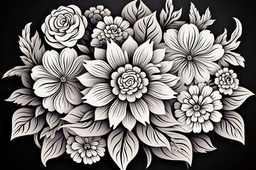 Mandala de flores en blanco y negro para dibujar