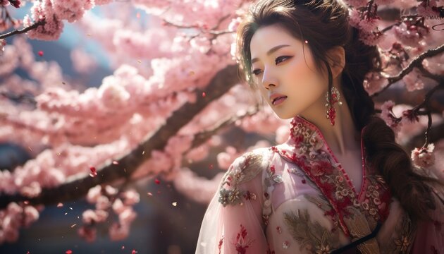 Woman Of Chinese Heritage In A Traditional Outfit Walking Through Blossoming Trees