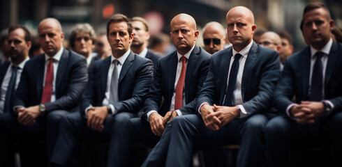 men in business suits line up in a courtroom