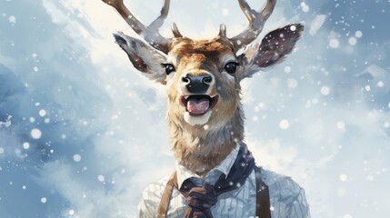  a painting of a deer wearing suspenders and a bow tie with snow falling on it's head and it's mouth wide open and it's tongue out.