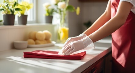 Fototapeta na wymiar person is holding yellow gloves while cleaning the kitchen countertop
