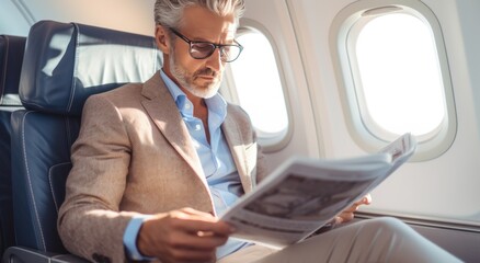 person wearing glasses sits in the plane reading a newspaper