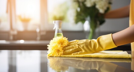 person is holding yellow gloves while cleaning the kitchen countertop
