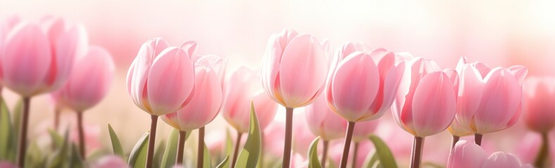 pink tulips are in bloom on a sunlit day - obrazy, fototapety, plakaty