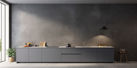  a modern kitchen with simple design, white and dark grey walls, concrete floor, and built-in sink and cooker.