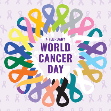 World Cancer Day 4 February. Cancer Colorful Ribbons In Circle Illustration. Breast, Ovarian, Prostate, Colon, Cervical, Lung Cancer Awareness Poster. Hand Drawn Vector Illustration.