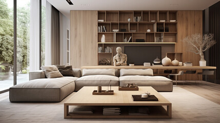 Contemporary living room design in an apartment, featuring a perfect synergy of modern furniture, subtle color contrasts, and an open, airy atmosphere.