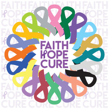 World Cancer Day 4 February. Faith, Hope, Cure. Cancer Colorful Ribbons In Circle Illustration. Breast, Prostate, Skin, Cervical, Lung Cancer Awareness Poster. Hand Drawn Vector Illustration