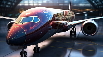 Deep Blue and Red printed Magical Circle on Airplane Body Parked on Airport on Blurry Background