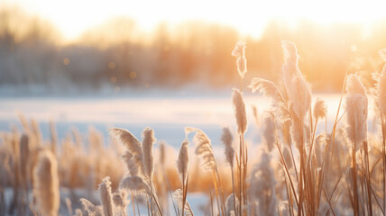Common reed grass, Phragmites australis, in winter landscape. Frozen seed heads against bright sunlight. - obrazy, fototapety, plakaty