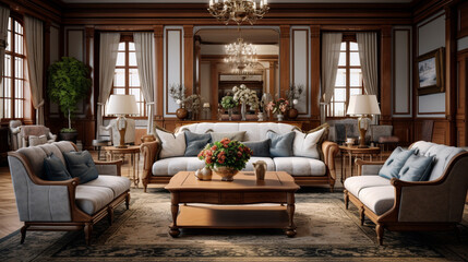 Fototapeta na wymiar Inviting classic-style room with comfortable sofas, stylish chairs, and a meticulously crafted center table, creating an atmosphere of refined comfort.