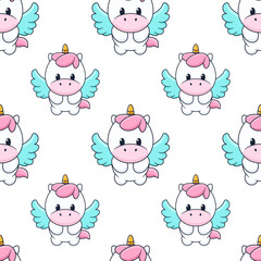 Seamless pattern with cute magic unicorn with wings. Repeated tile with cartoon characters on white backdrop. Childish vector design for fabric, print, wrapper, textile, print for kids.