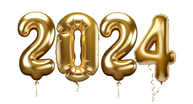 number 2024 in the shape of golden metallic balloons
