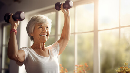 Smiling Senior Lady Exercising With Dumbbells At Home. 