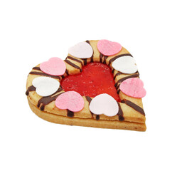 Heart-shaped cookie with strawberry jam isolated on white background. Traditional Linzer cookies close-up.