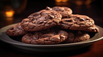 Obraz premium dark chocolate cookies on a plate, artificial light to highlight the texture and depth of the cookies