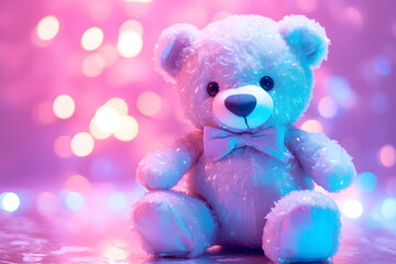 Teddy Bear fashion, pop art image in style neon glowing colors