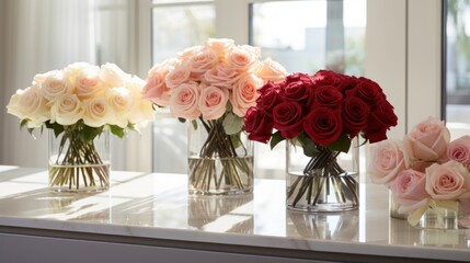  a row of vases filled with pink and red roses sitting on top of a white counter next to a window with a reflection of a building in the background.