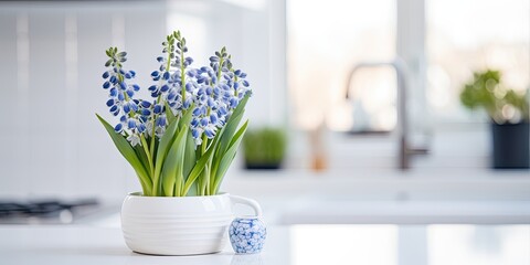 Eco friendly kitchen adorned with a white modern Scandinavian style, featuring a blue muscari flower as a spring decoration.