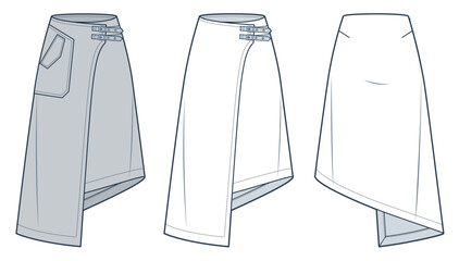 Asymmetric wrap Skirt technical fashion illustration. Set of Skirts fashion flat sketch template, midi lengths, A-line, buckled, pocket, front and back view, white, grey, women CAD mockup set.