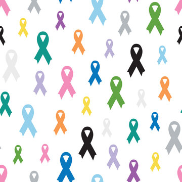 Seamless pattern with pink, blue, yellow, black, white and teal cancer ribbons. World Cancer Day 4 February. Cancer ribbon symbol. Cancer prevention, health care. Hand drawn illustration