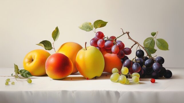  a painting of a bunch of fruit sitting on top of a table next to grapes, peaches, apples, and apricots on a white table cloth.