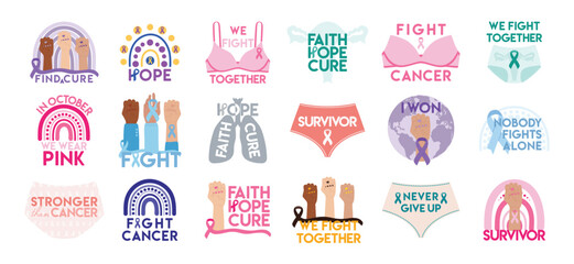 Set of cancer awareness stickers. Breast, cervical, uterine, ovarian, prostate, lung and skin, bladder cancer illustration. Faith, hope, cure phrase. Survival, fight concept