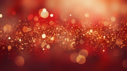 Glowing golden bokeh particles on a red background, creating a festive atmosphere. Abstract background with a combination of red and gold particles