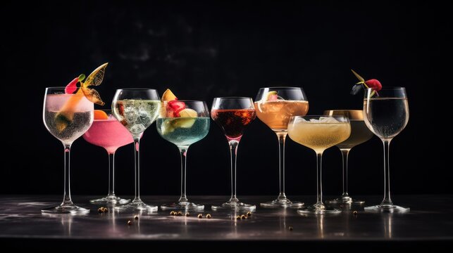 a row of wine glasses filled with different types of drinks and garnished with garnishes and garnished with a cherry on a black background.