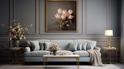 Serenity and style in a spacious room, highlighting a comfortable sofa, decorative plants, and elegant accessories, complemented by fresh flowers on a table against a refined gray wall.