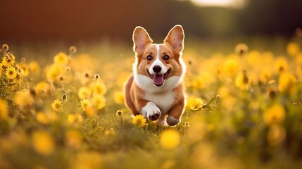 Cute Welsh corgi dog running in a field of yellow flowers