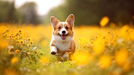 Cute welsh corgi dog with tongue out running in a field of yellow flowers