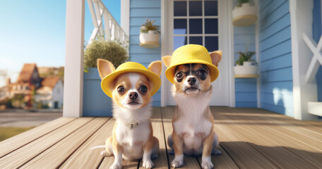 two chihuahua animals are wearing hats on the front porch