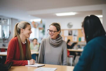 Classroom Connection: Smiling Teachers Engaged in Positive Discussion