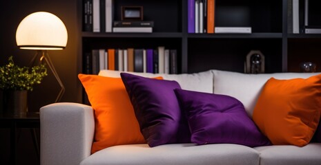 white couch with purple and dark brown pillows in the office room