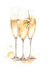 Champagne Glasses Filled, Watercolor Illustration with Splashy Colors, Transparent Background	
