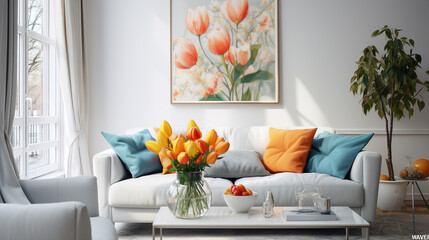 High-definition capture of a bright and airy living space, showcasing modern design elements, a comfortable sofa, and stylish accessories near a table with fresh flowers.