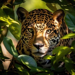 A beautiful and elusive jaguar peers out from behind a tree