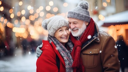A romantic senior couple in warm clothing with a blurred snowy city street background. Concept photos of holidays, Senior couple, Christmas, winter, and people