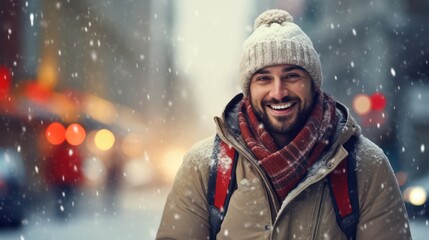 A smiling young man in attractive winter clothing against a blurred snowy city street background. Concept photo capturing holidays, Christmas, winter, and people