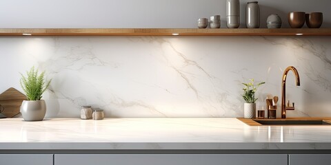 empty white marble kitchen counter with spotlight for displaying household products in a modern apartment.
