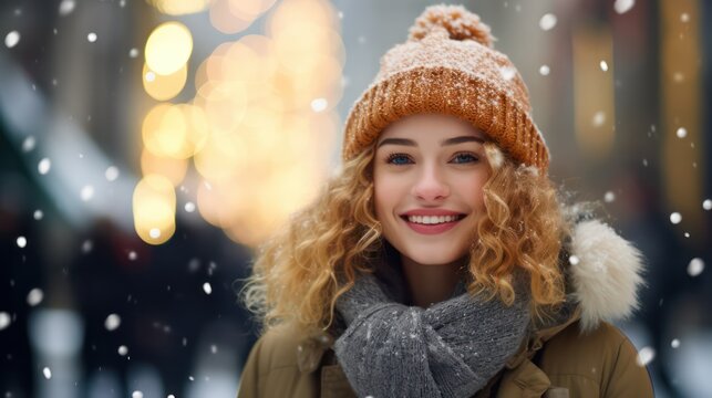 A beautiful young woman smiles in warm clothing with a blurred snowy city street background. Concept photo of holidays, Christmas, winter, and people