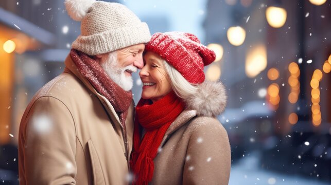 A romantic elderly couple in warm clothing with a blurred snowy city street background. Concept photos of holidays, Senior couple, Christmas, winter, and people